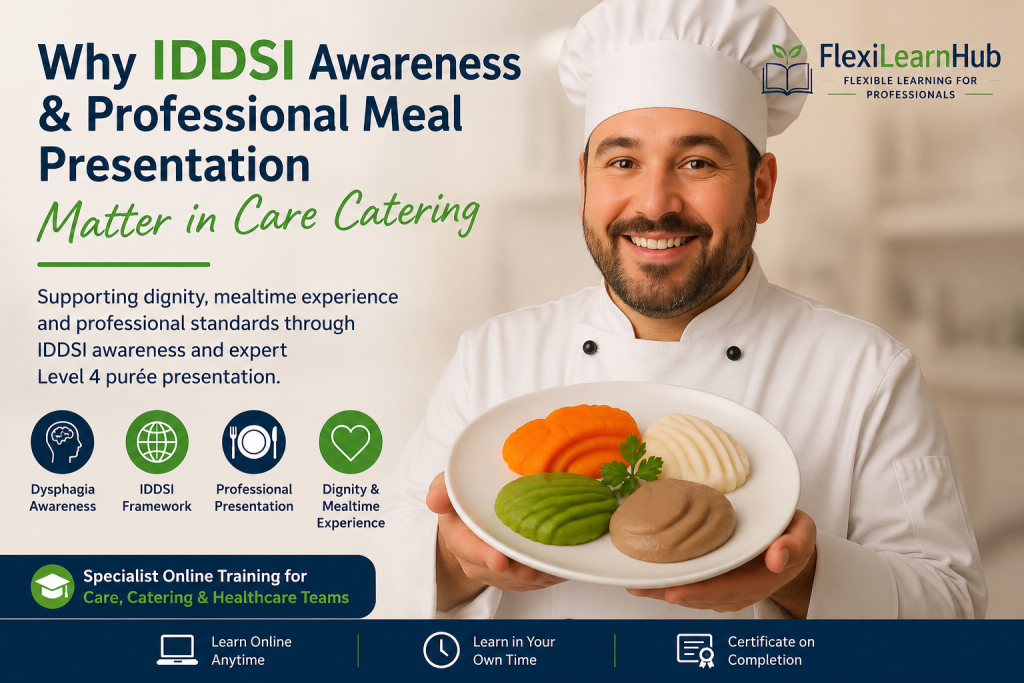 Professional care home chef presenting IDDSI Level 4 texture modified purée meals as part of dysphagia awareness and care catering training within healthcare and care environments.