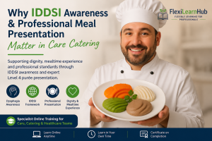 Professional care home chef presenting IDDSI Level 4 texture modified purée meals as part of dysphagia awareness and care catering training within healthcare and care environments.
