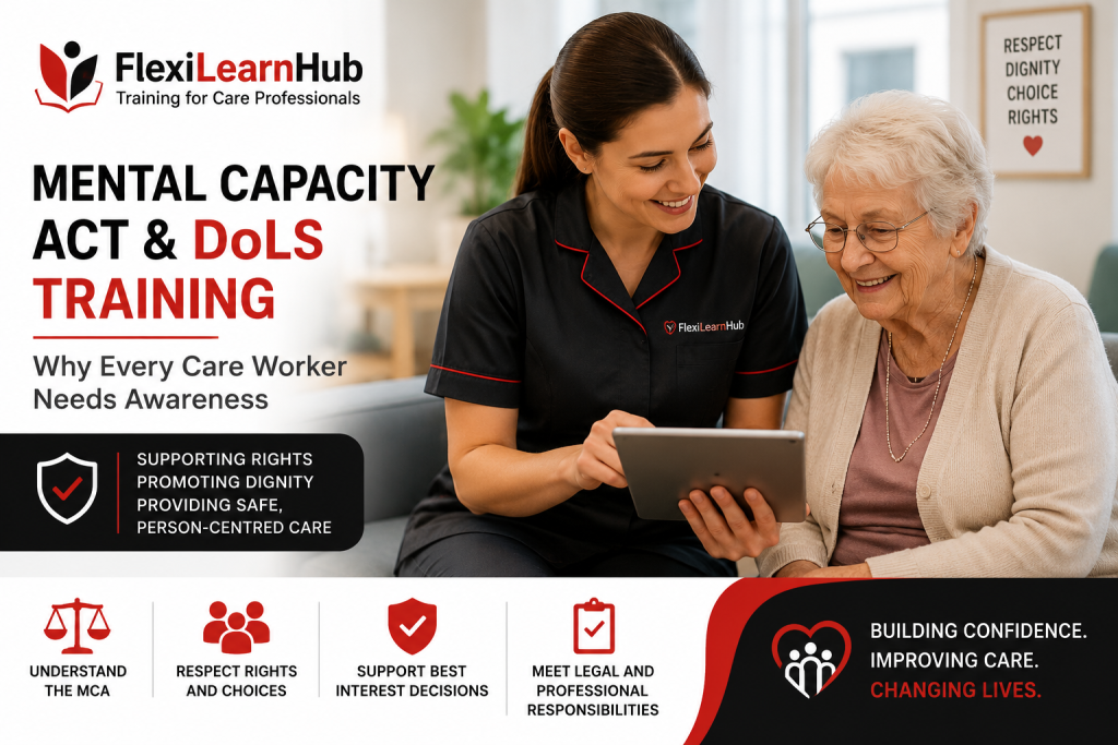 Mental Capacity Act and DoLS Training awareness image showing a care worker supporting an elderly resident while learning about rights, dignity, choice and person-centred care.