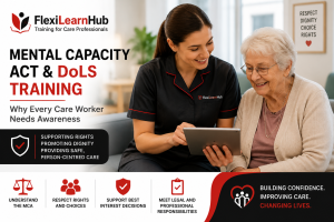 Mental Capacity Act and DoLS Training awareness image showing a care worker supporting an elderly resident while learning about rights, dignity, choice and person-centred care.