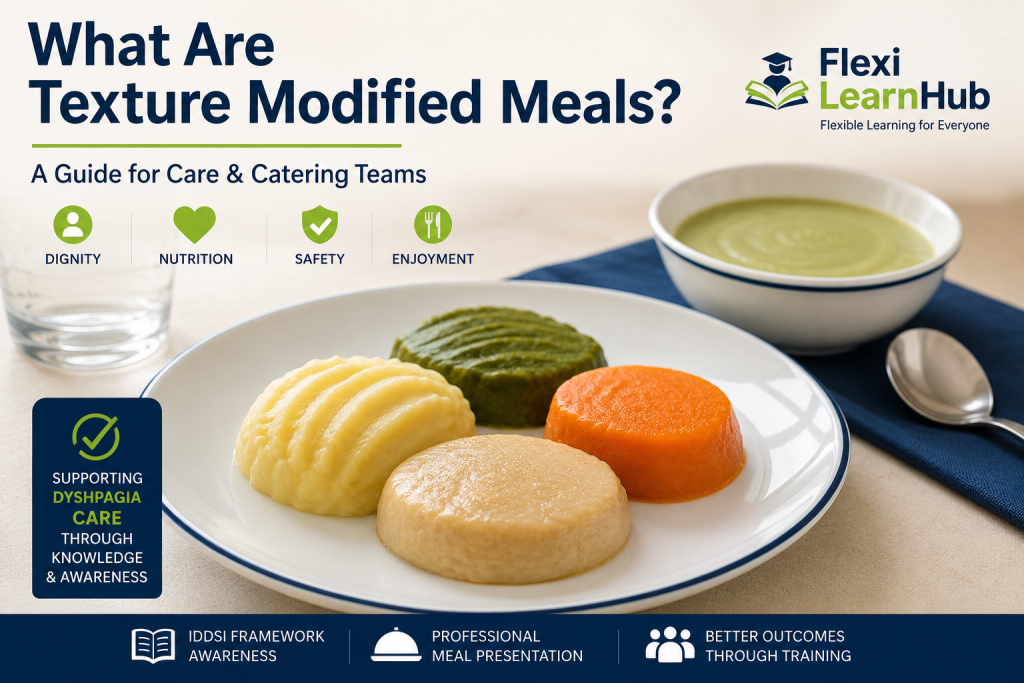 Professionally presented texture modified meals supporting dysphagia awareness, care catering standards and positive mealtime experiences within healthcare environments.