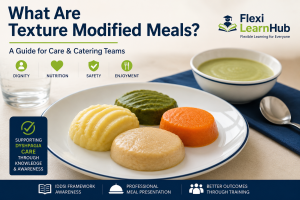 Professionally presented texture modified meals supporting dysphagia awareness, care catering standards and positive mealtime experiences within healthcare environments.