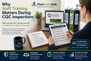 Care home manager reviewing staff training records and compliance documentation to support CQC inspection readiness and workforce development.