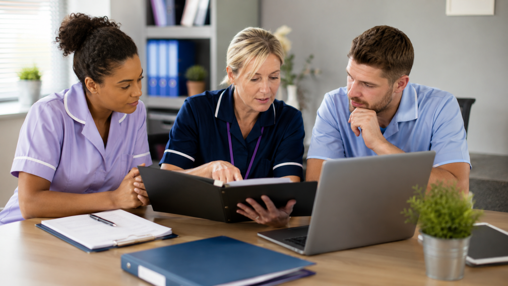 Care home manager reviewing staff training records with care team in preparation for a CQC inspection.