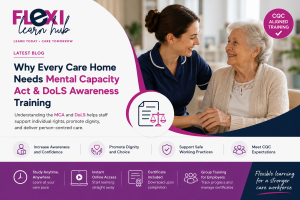 Care professional supporting an elderly resident while completing Mental Capacity Act and DoLS Awareness Training with FlexiLearnHub.