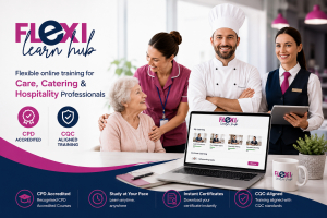 Care home staff completing annual refresher training to maintain professional standards and CQC compliance with FlexiLearnHub.