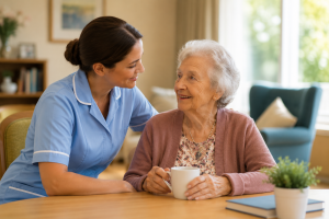 Care assistant encouraging hydration for an older resident in a care home