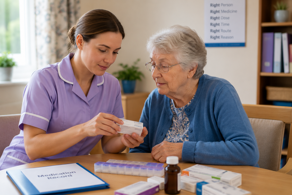 Care worker supporting an elderly resident with medication awareness and safe medicine practices in a care home.