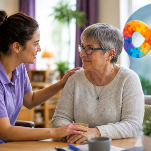 Care worker supporting an autistic adult in a person-centred care setting