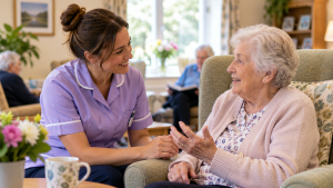 Care worker listening and communicating with an older resident in a care home.