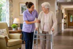 Care worker supporting an older resident using a walking frame in a care home.