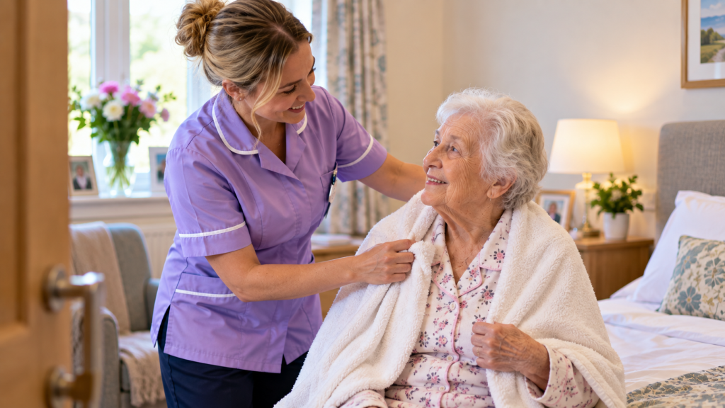 Care worker supporting an older resident with dignity and privacy during personal care.