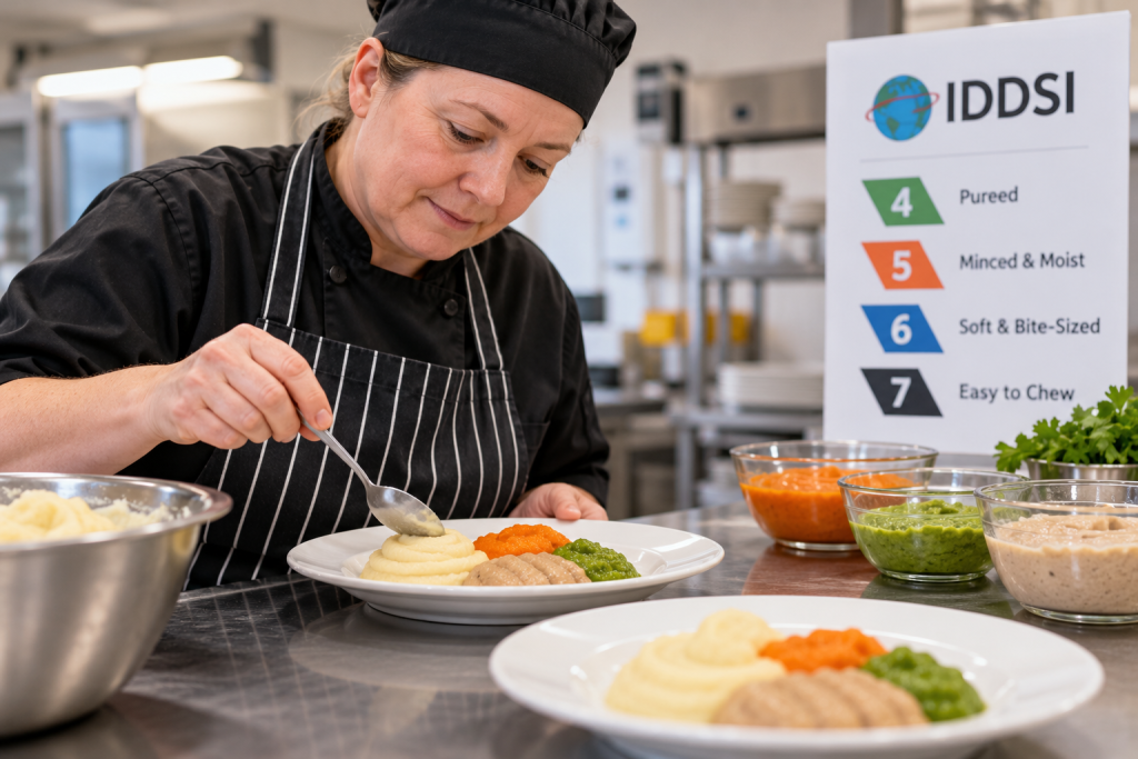 Care home chef preparing a texture-modified pureed meal to support residents with dysphagia in care homes